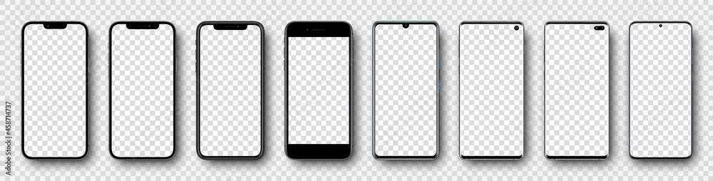 Smartphone mockup collection. Mockup realistic models smartphone with shadow and blank screens for your design. Isolated on transparent background. Vector illustration .ai .eps  - obrazy, fototapety, plakaty 