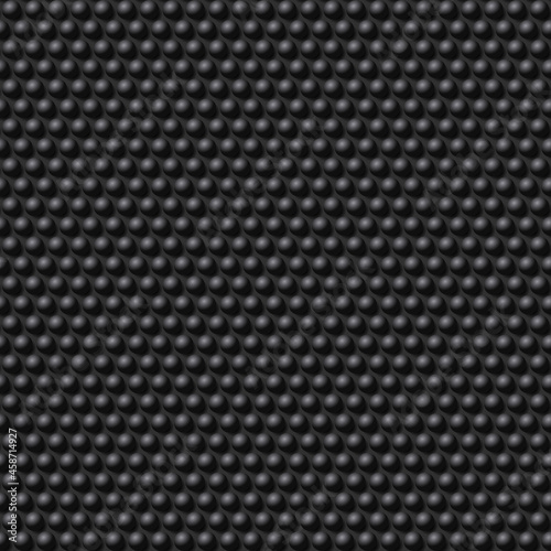 Black Grid with Regular Round Holes, or Spheres. Perforated Metal Texture Seamless Pattern Background, Dotted Technological Metallic Backdrop