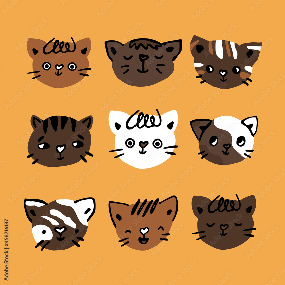 Set of cute kittens and cats, only heads portraits. Vector hand drawn illustration of isolated elements for childish design Set of cute kittens and cats, only heads portraits. Vector hand drawn illustration of isolated elements for childish design