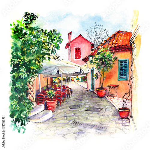 Watercolor sketch of Beautiful cosy narrow street in famous Placa district, Old Town of Athens, Greece
