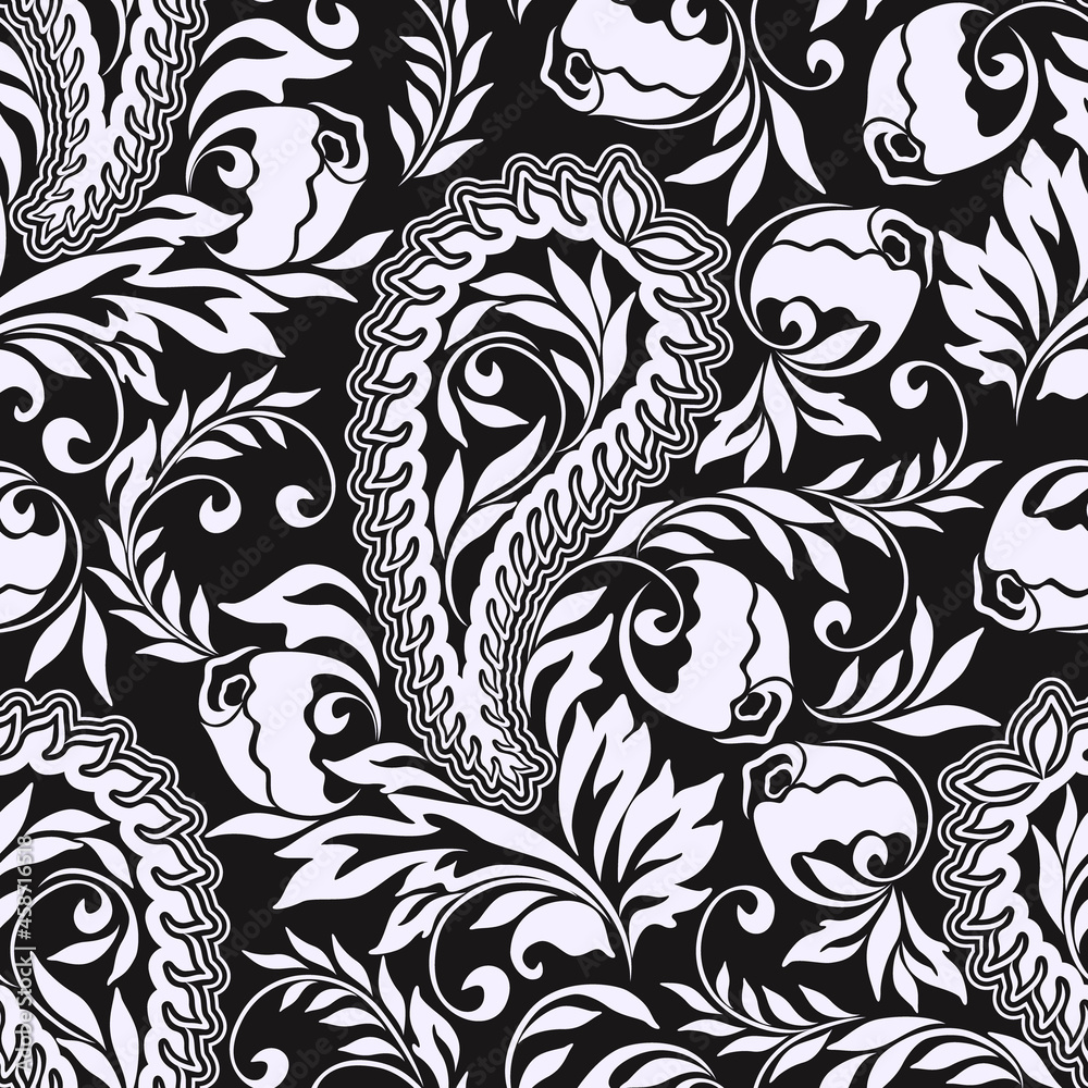Seamless paisley pattern - traditional classic black and white ornament with leaves and flowers. Vector print. Seamless paisley pattern - traditional classic black and white ornament with leaves and flowers. Vector print.