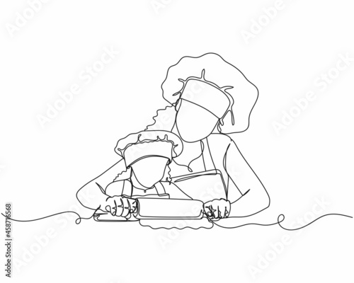 Continuous one line drawing of mothers day concept mother and daughter cooking together in silhouette on a white background. Linear stylized.Minimalist.