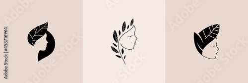 Vector Logo for business in the industry of beauty, health, personal hygiene. Linear stylized image of a female face. Logo for beauty salon, health industry, makeup artist, young girl. Abstract faces.