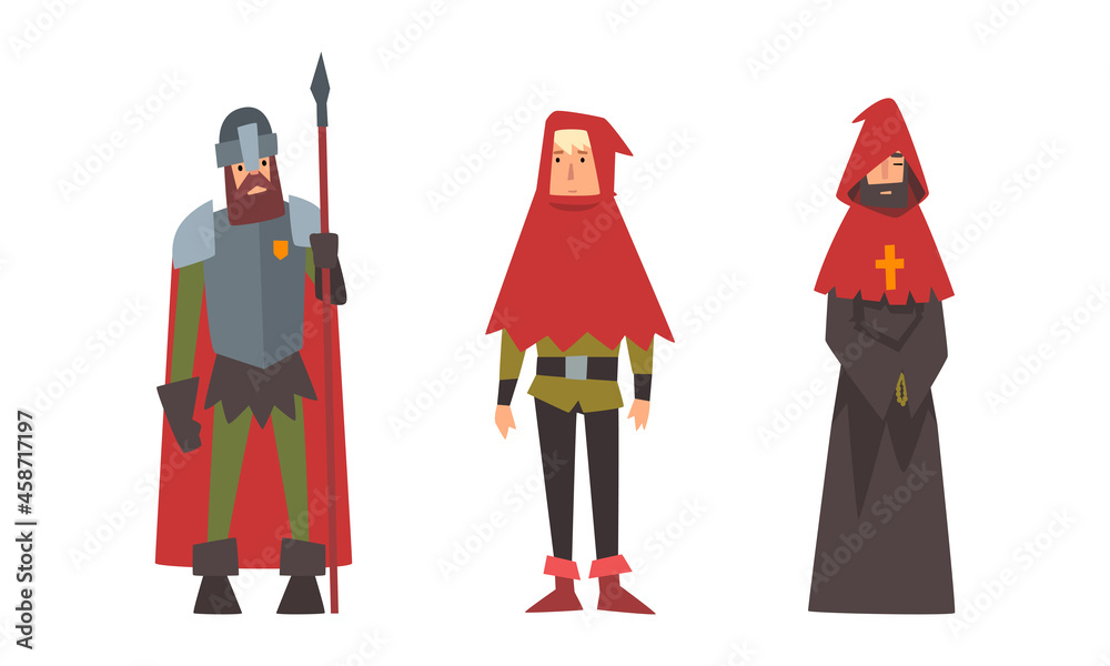 Medieval Knight with Spear and Priest in Hood Vector Set