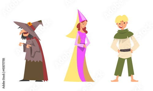 Medieval Barefoot Peasant and Old Woman Witch in Pointed Hat Vector Set