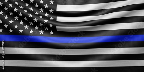 Hanging wavy black and white USA flag with blue line with fabric texture. 3d render.