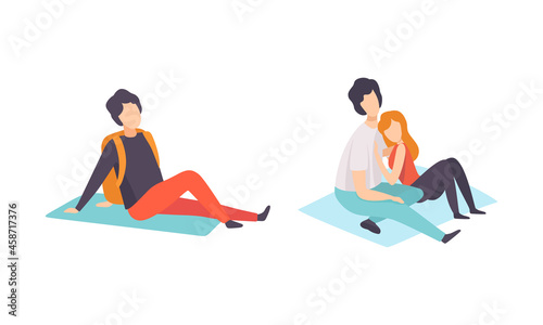 Summer Open Air Music Festival with People Character Resting on Blanket and Listening to Music Vector Set