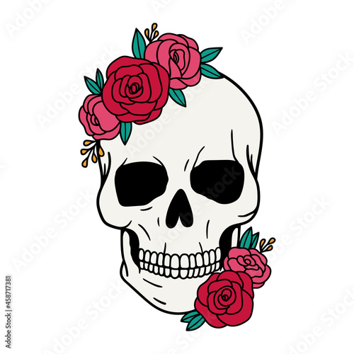 Skull with flowers, with roses. Human skull portrait with floral wreath. Vector illustration isolated on white background. Sugar skull floral print for Halloween.