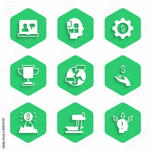 Set Worldwide, Treadmill machine, Project team base, Hand holding coin money, Mountains with flag, Award cup, Gear dollar and Online education icon. Vector