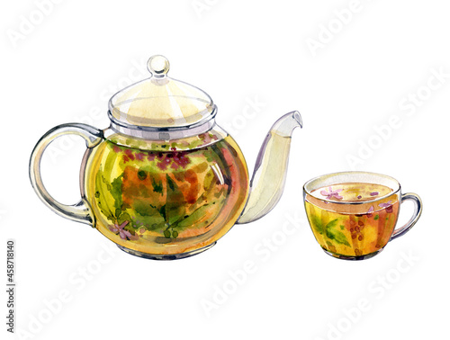 Watercolor clip art. A glass teapot with a cup of tea. photo