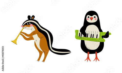 Funny Chipmunk and Penguin Character Playing Keyboard and Flute Performing Concert Vector Set