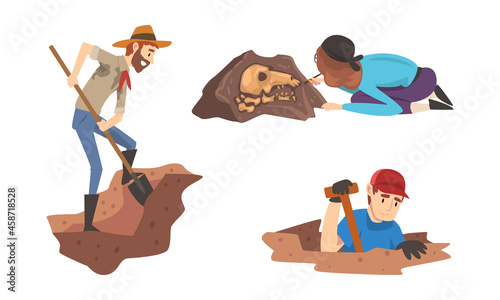 Man and Woman Archaeologist with Shovel Searching for Material Remains Vector Set