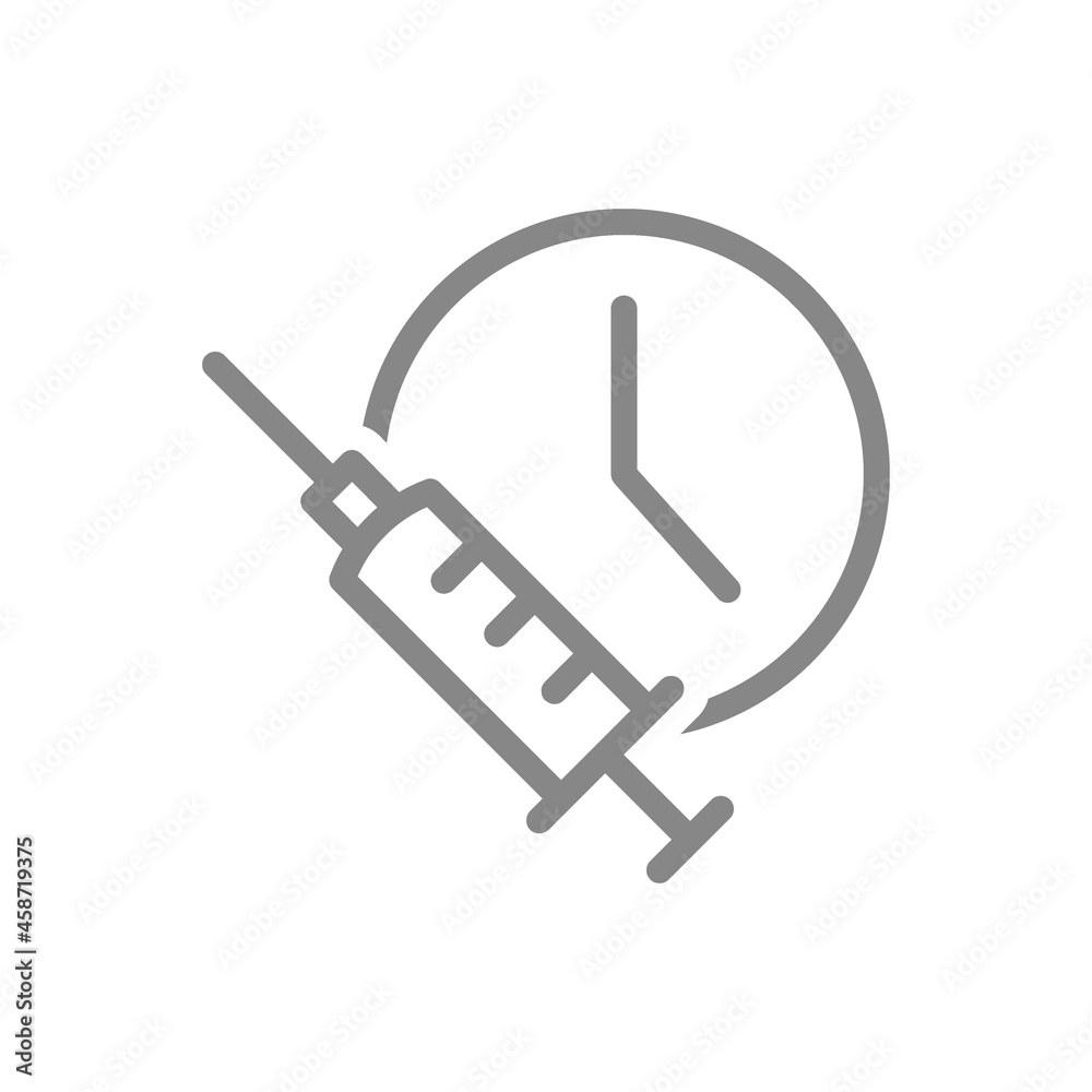 Medical syringe and watch line icon. Vaccination time, injection, worldwide immunity symbol Medical syringe and watch line icon. Vaccination time, injection, worldwide immunity symbol