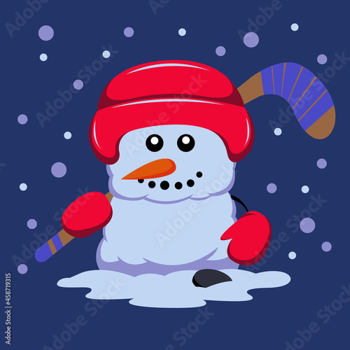 a snowman in a helmet with a hockey stick. winter poster. a New Year's card. vector illustration