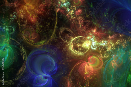 Abstract fractal art background of colorful glows and bubble shapes.