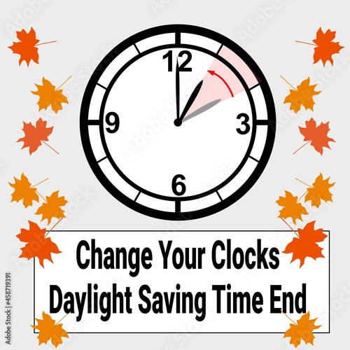 Vector clock and dry leaves.  Illustration of Daylight saving time end
