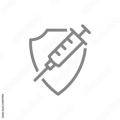 Medical syringe and shield line icon. Vaccination of the population, collective immunity, immunization symbol