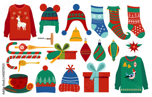 Christmas set with traditional symbols of winter holidays.Happy New Year 2022 bundle.Hot mulled wine and warm clothing.hand drawn toys for tree, elf stocking.Clip art bundle for poster, gift card