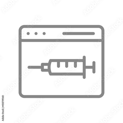Medical syringe and web page line icon. Vaccination information, immunity, vaccination passport symbol