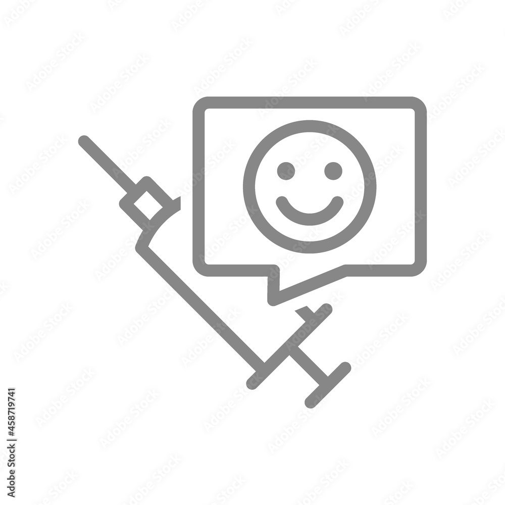Medical syringe and happy face in speech buble line icon. Vaccination, vaccine evaluation, positive feedback symbol Medical syringe and happy face in speech buble line icon. Vaccination, vaccine evaluation, positive feedback symbol