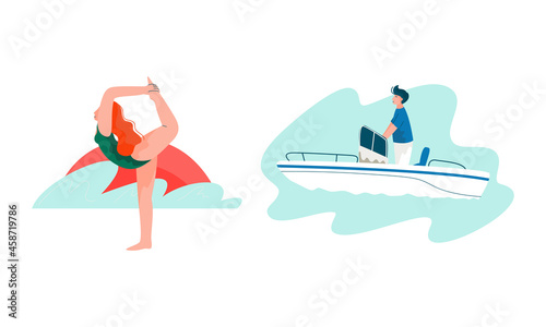 Woman in Swimsuit Standing in Yoga Pose and Man Sailing on Motor Boat Vector Set