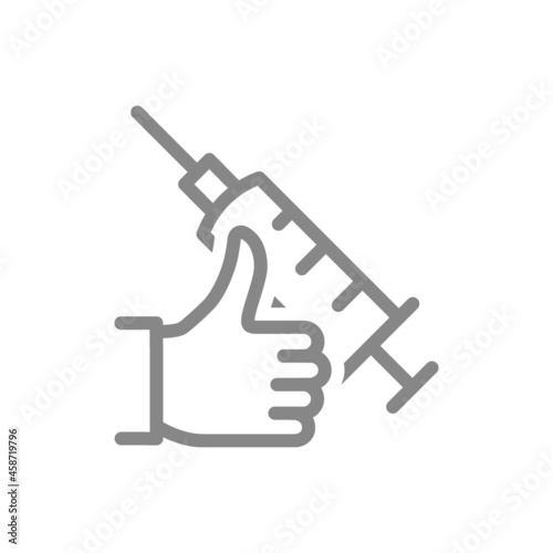 Medical syringe and thumb up line icon. Vaccination information, immunization, vaccine evaluation, positive feedback symbol