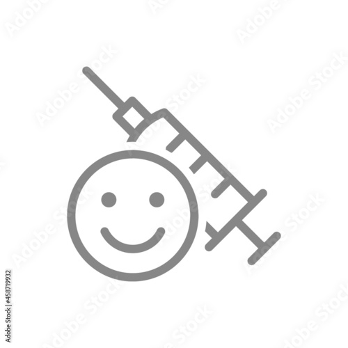 Medical syringe and happy face line icon. Vaccination, vaccine evaluation, immunity, positive feedback symbol