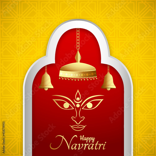 Happy Navratri greeting card with beautiful Durga mata face.