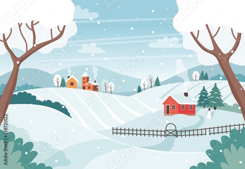 Winter landscape with trees, fields, houses. Seasonal countryside landscape. Vector illustration in flat style