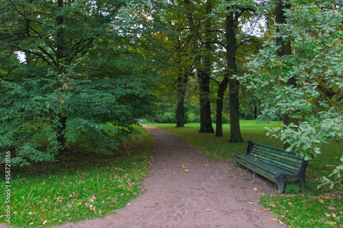 old park bench by the footpath on autumn day. High quality photo