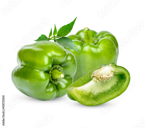 Fresh green sweet pepper with leaves isolated on white background