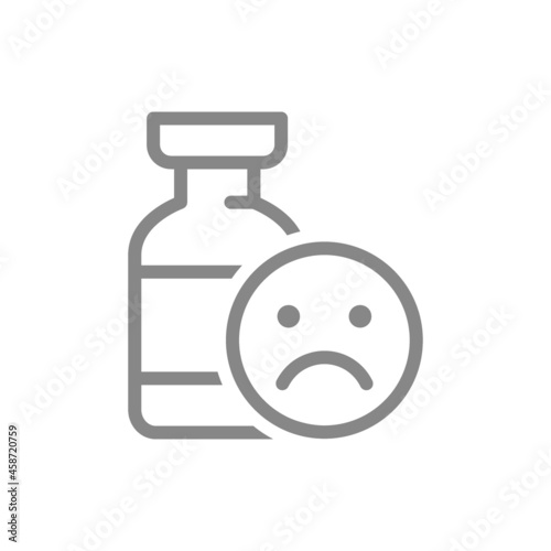 Medical ampoule and sad face line icon. Vaccination, vaccine evaluation, negative feedback symbol