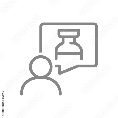 Medical ampoule in speech buble and user line icon. Injection, vaccination of the population, collective immunity symbol
