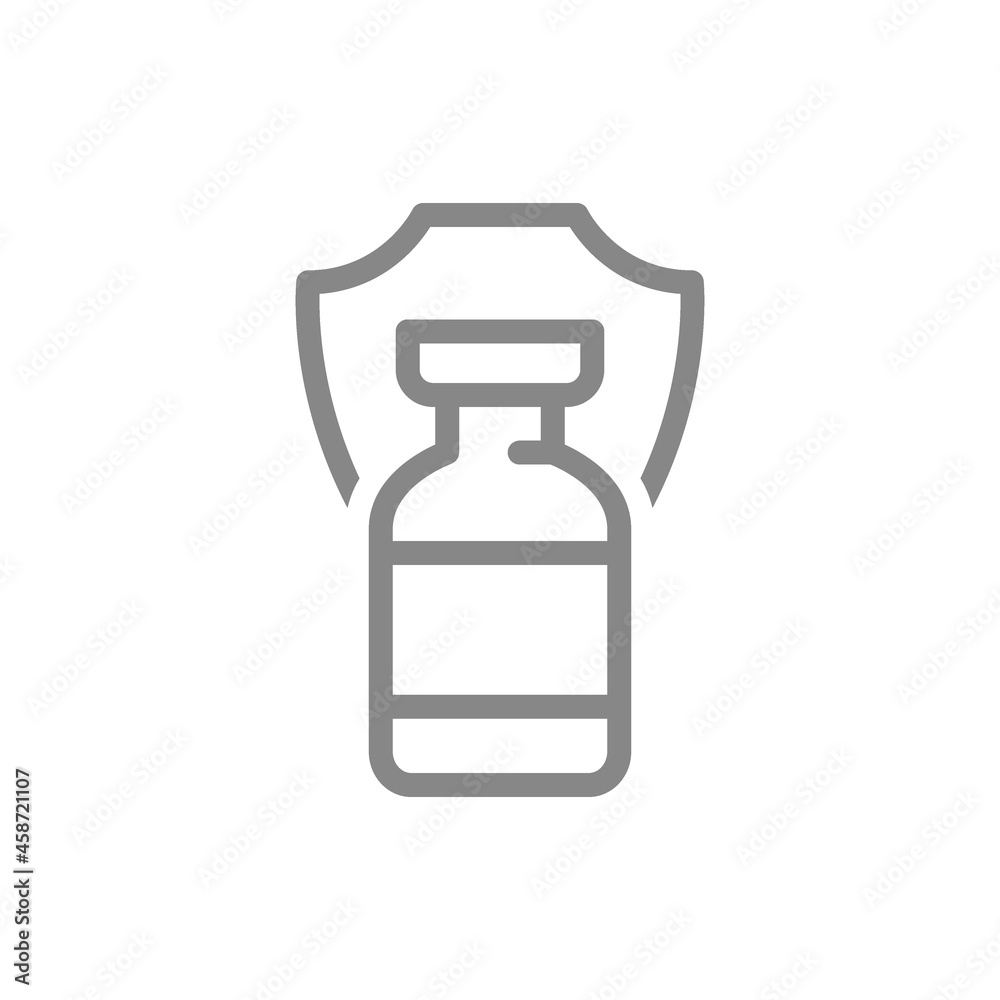 Medical ampoule and shield line icon. Vaccination, serum, certified vaccine, immunization symbol Medical ampoule and shield line icon. Vaccination, serum, certified vaccine, immunization symbol