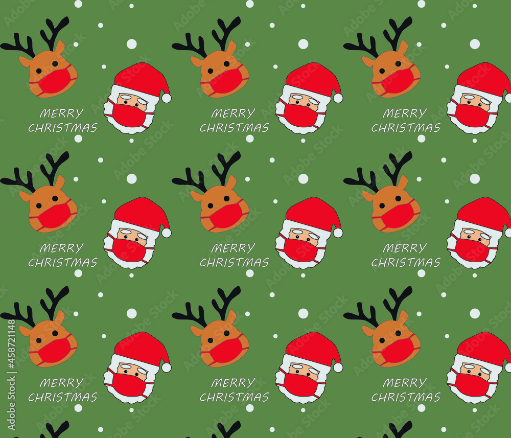 New Year pattern, Santa Claus in mask, red background, snow, for fabric background and paper