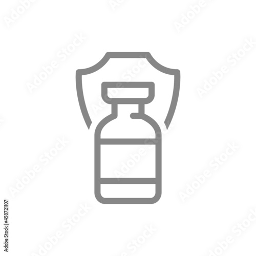 Medical ampoule and shield line icon. Vaccination, serum, certified vaccine, immunization symbol