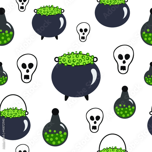 Mortal potion seamless pattern. Vector pot with green potion, skull, bottle. Halloween seamless pattern.