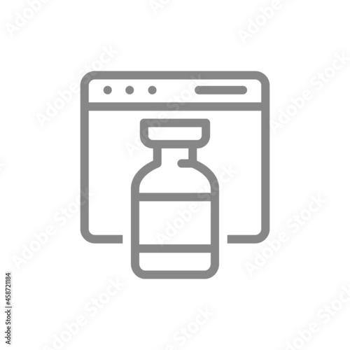 Medical ampoule and web page line icon. Vaccine information, immunization, vaccination passport symbol
