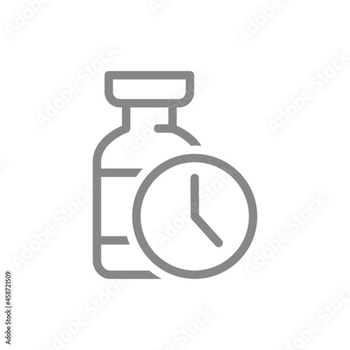 Medical ampoule and watch line icon. Vaccination time, serum, collective immunity symbol