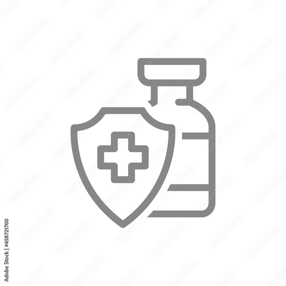 Medical ampoule and shield with cross mark line icon. Vaccination, serum, certified vaccine, immunization symbol Medical ampoule and shield with cross mark line icon. Vaccination, serum, certified vaccine, immunization symbol