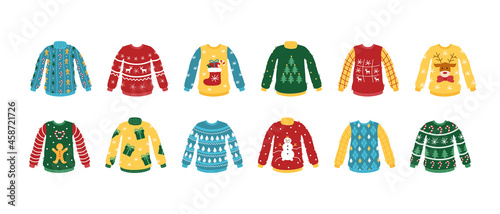 Set Ugly Christmas sweater. Vector cartoon knitted clothes with New Year patterns.