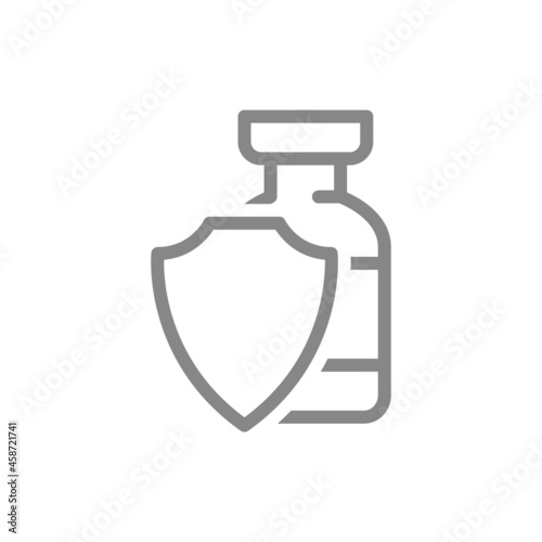 Medical ampoule and shield line icon. Vaccination, serum, certified vaccine, immunization symbol