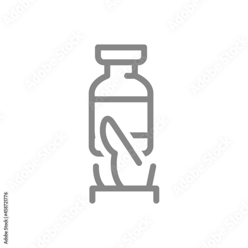 Medical ampoule in hand line icon. Vaccination, preventive measures, vaccine, serum symbol