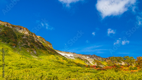 紅葉と青空 大雪高原沼 絶景