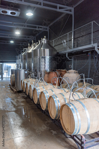 Wooden barrels and wine tanks from a Catalan winery