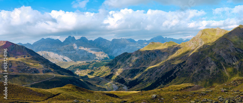 Astún ski resort seen in summer from the top of the slopes, with some of the highest peaks in the Spanish Pyrenees