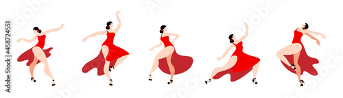 Elegant woman in a red dress dancing a Latin American dance. Set of vector images.