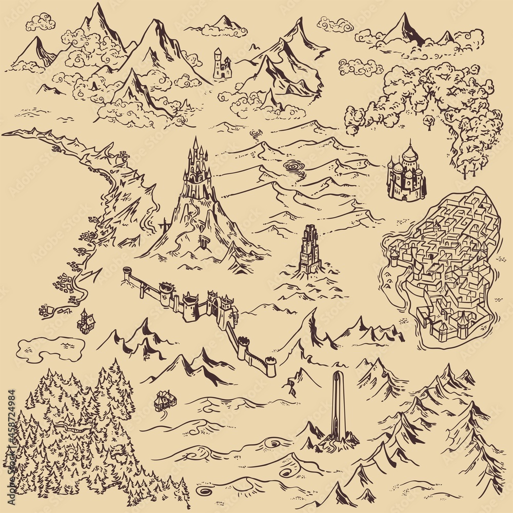 Naklejka premium Line art draw simple icon fantasy kingdom map elements