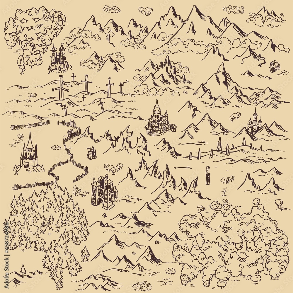 Obraz premium Line art draw simple icon fantasy kingdom map elements