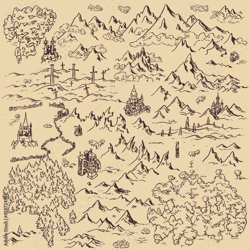 Line art draw simple icon fantasy kingdom map elements